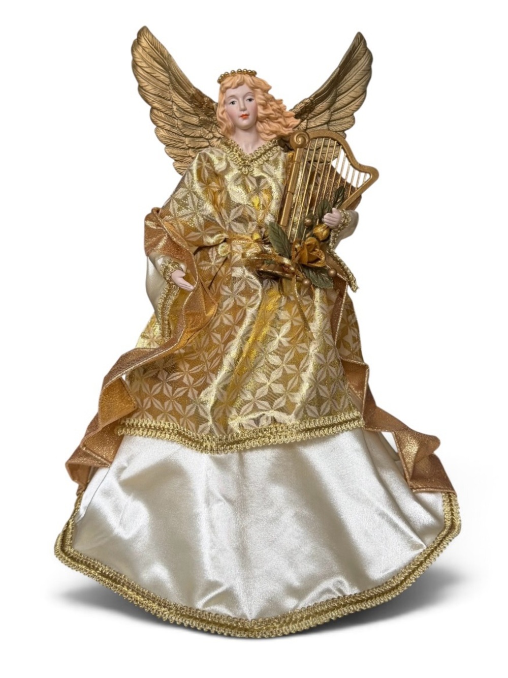 Victorian Gold Large Christmas Angel Tree Topper with Harp 17.5”H